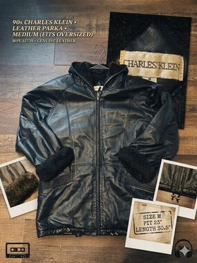 Charles Klein Hooded Black Leather Trench Coat with Fur Trim - Oversized Medium